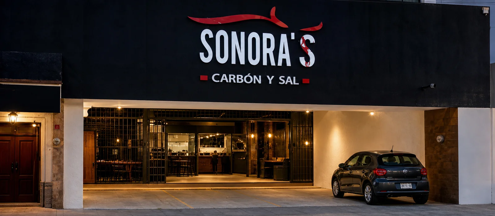Fachada, acceso y estacionamiento de Sonora's Carbón y Sal en Zapopan